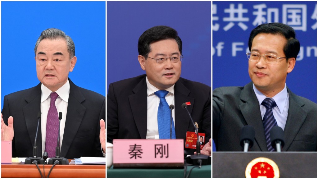 秦刚（中）「失踪」，王毅（左）和马朝旭（右）暂行外长工作。