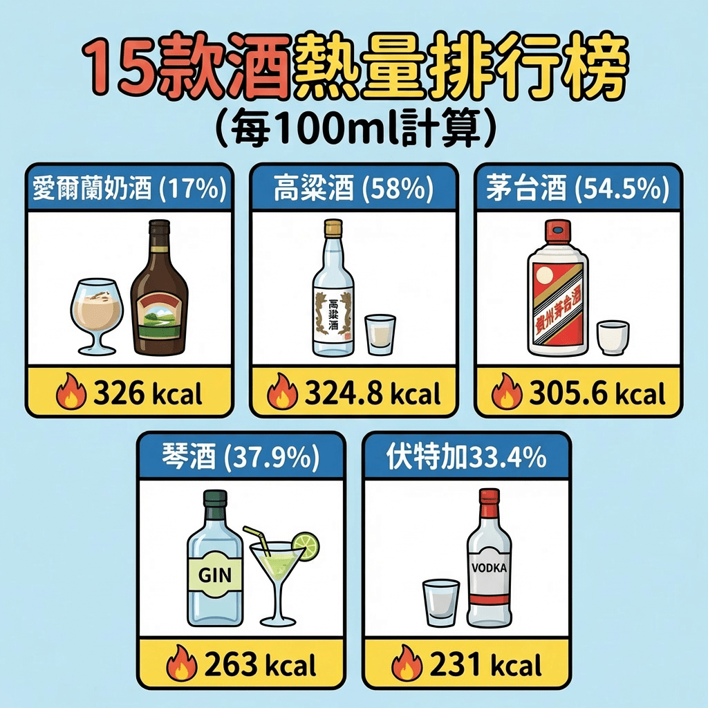 15款酒熱量排行榜（每100ml計算）
