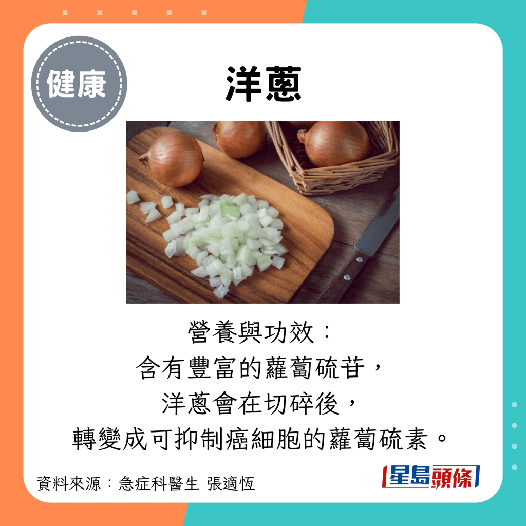 洋葱：营养与功效： 含有丰富的萝卜硫苷， 洋葱会在切碎后， 转变成可抑制癌细胞的萝卜硫素。