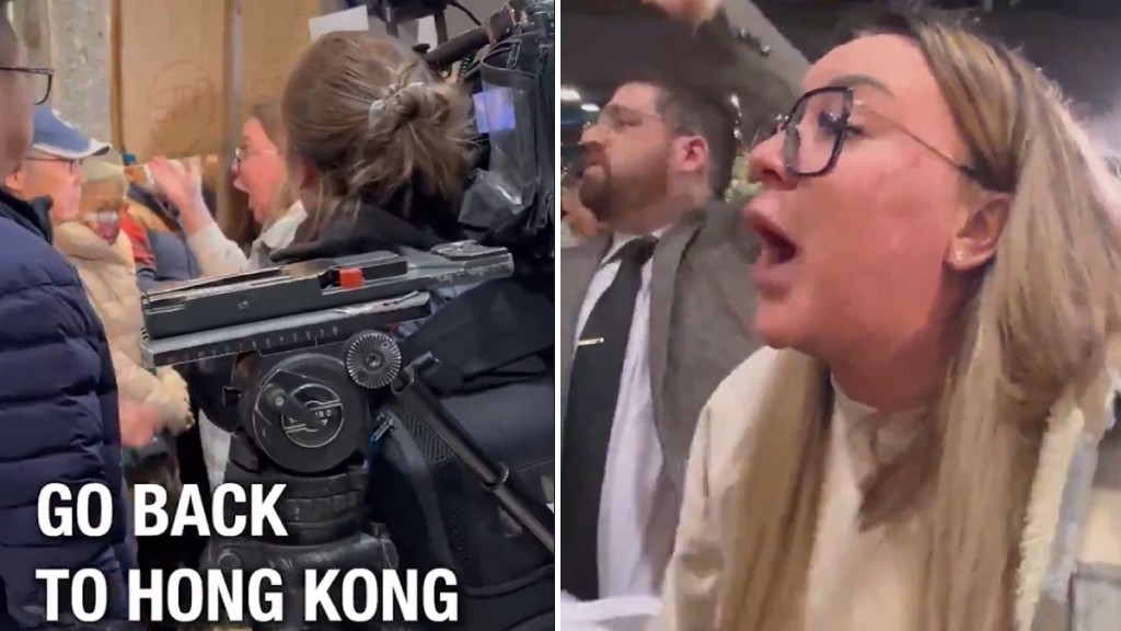 現場一名外籍女子高喊抗議人士「返回香港」。（Pierre Poilievre＠Ｘ）