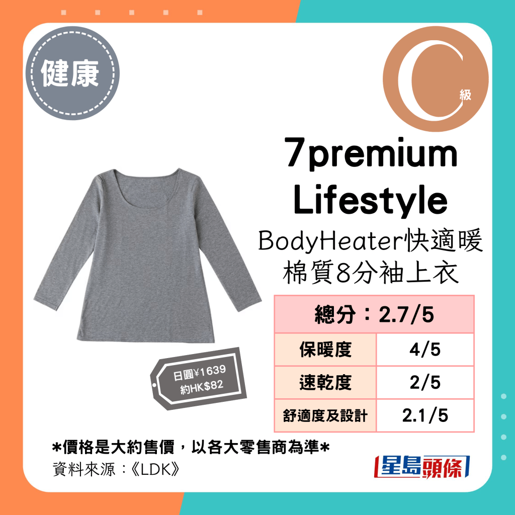 「7premium Lifestyle」BodyHeater快适暖棉质8分袖上衣 总分：2.7；保暖度：4