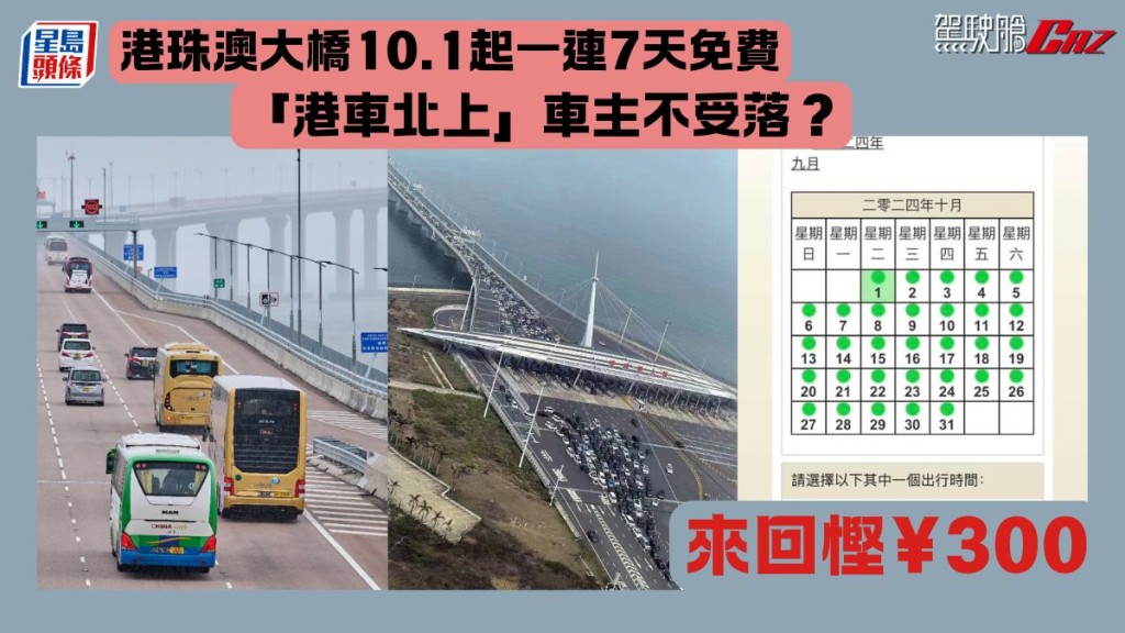 歡度國慶│港珠澳大橋10.1起一連7天免費 來回慳¥300 「港車北上」車主不受落？