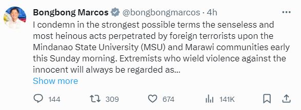 菲律賓總統小馬可斯在平台「Ｘ」譴責事件的元兇。