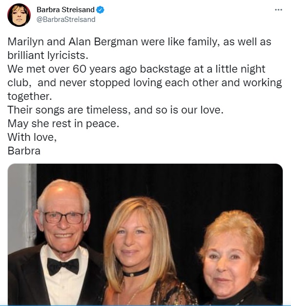 芭芭拉史翠珊留言悼念Marilyn。