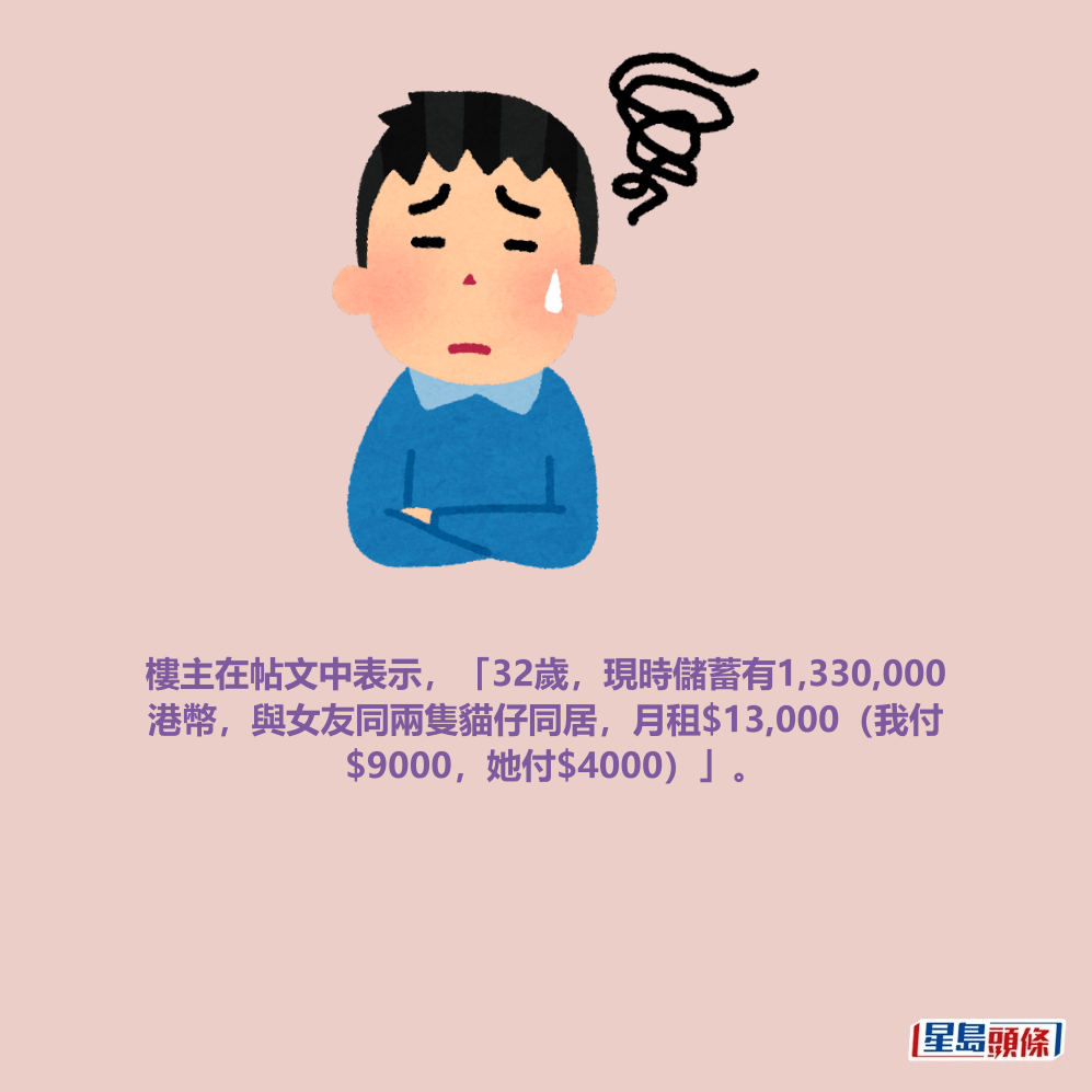 樓主在帖文中表示,「32歲,現時儲蓄有1,330,000 港幣,與女友同兩隻貓仔同居,月租$13,000(我付 $9000,她付$4000)」。 樓主在帖文中表示,「32歲,現時儲蓄有1,330,000 港幣,與女友同兩隻貓仔同居,月租$13,000(我付 $9000,她付$4000)」。