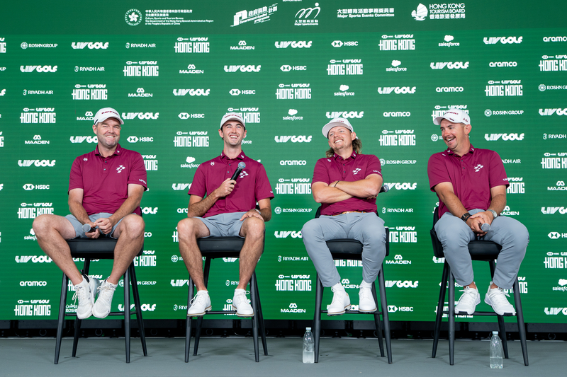 左起：Ripper GC 队员利什曼（Marc Leishman）、斯迈利（Elvis Smylie）、队长史密夫（Cameron Smith）及赫伯特（Lucas Herbert）于 2026 年 3 月 3 日在香港哥尔夫球会粉岭球场出席记者会。Liv Golf 图片