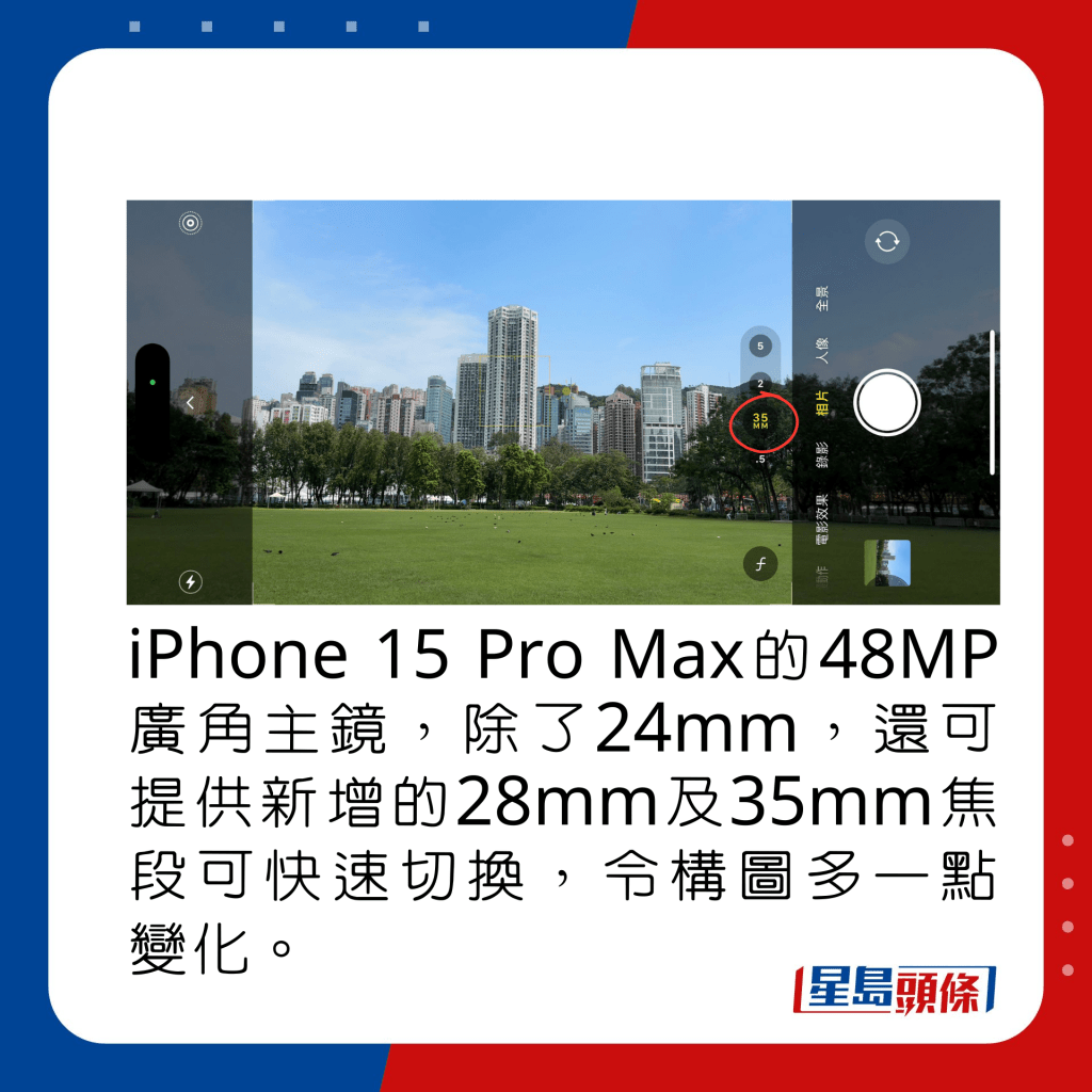 iPhone 15 Pro Max的48MP广角主镜，除了24mm，还可提供新增的28mm及35mm焦段可快速切换，令构图多一点变化。