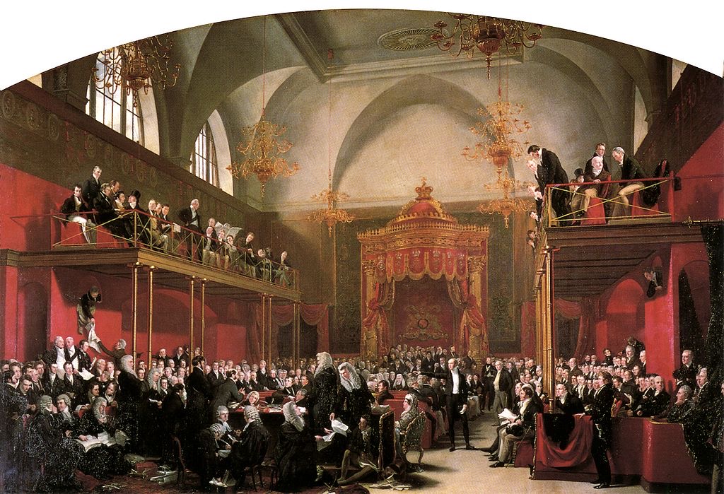 1820年英國上議院因審議《痛苦和刑罰草案》傳召喬治四世妻子卡羅琳作證。 維基