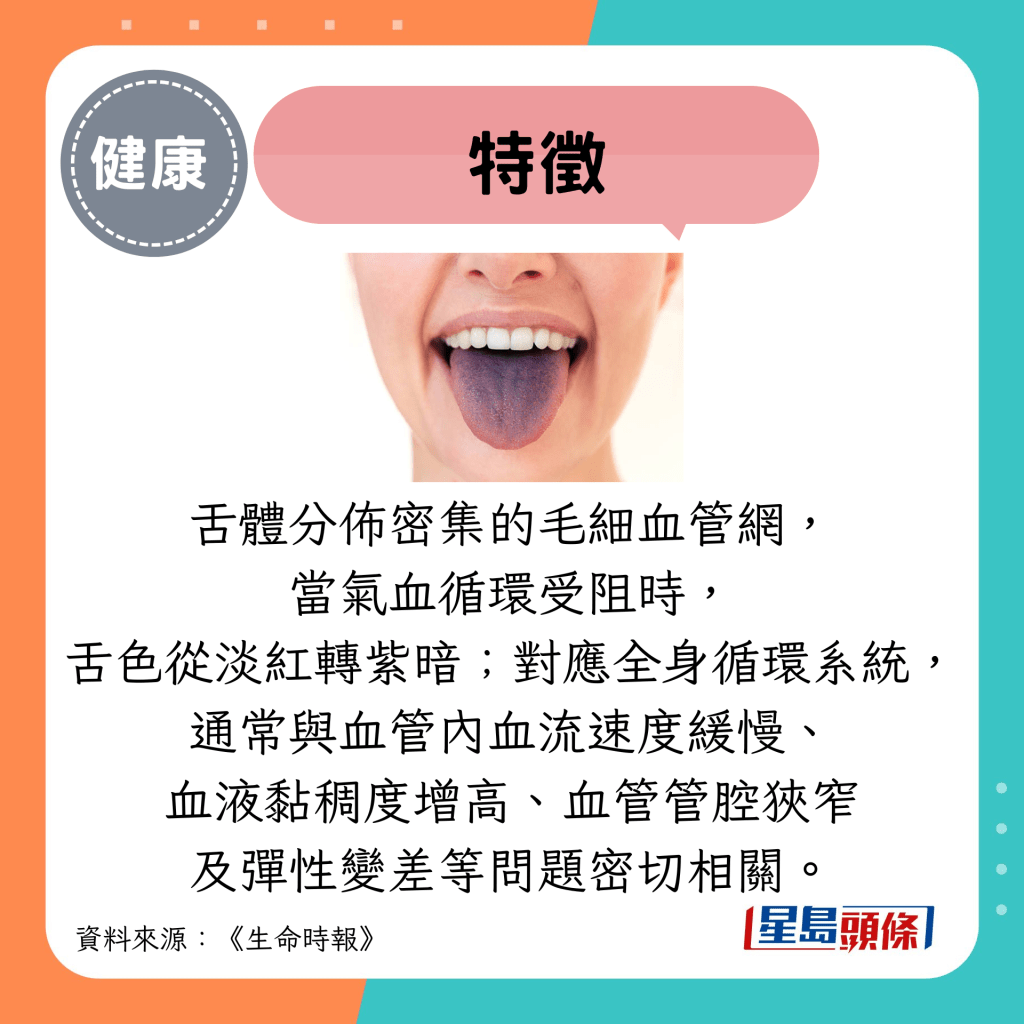特征：舌体分布密集的毛细血管网， 当气血循环受阻时， 舌色从淡红转紫暗；对应全身循环系统， 通常与血管内血流速度缓慢、 血液黏稠度增高、血管管腔狭窄 及弹性变差等问题密切相关。