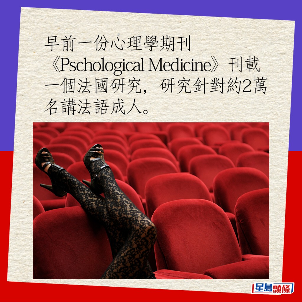 早前一份心理学期刊《Pschological Medicine》刊载一个法国研究，研究针对约2万名讲法语成人。