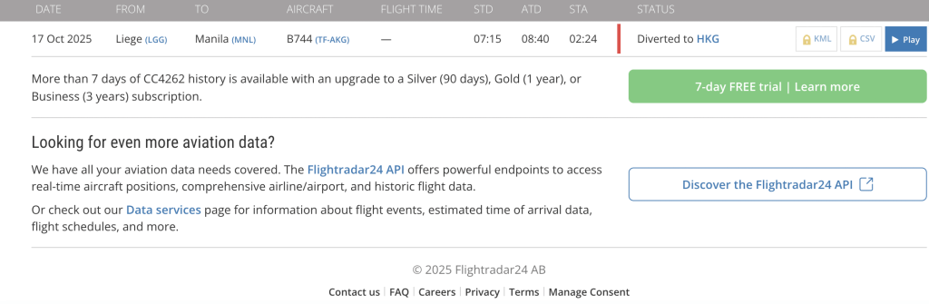 Flightradar24.com顯示航班資料。 Flightradar24.com顯示航班資料。