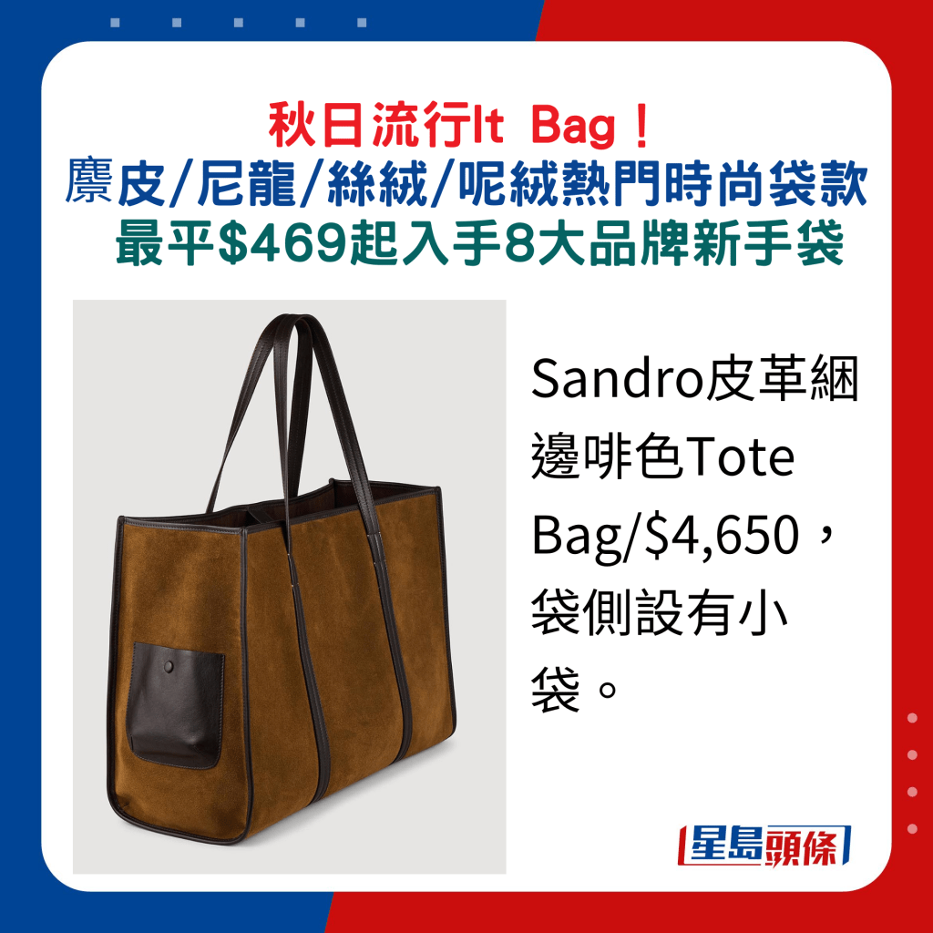 Sandro皮革困边啡色Tote Bag/$4,650，袋侧设有小袋。