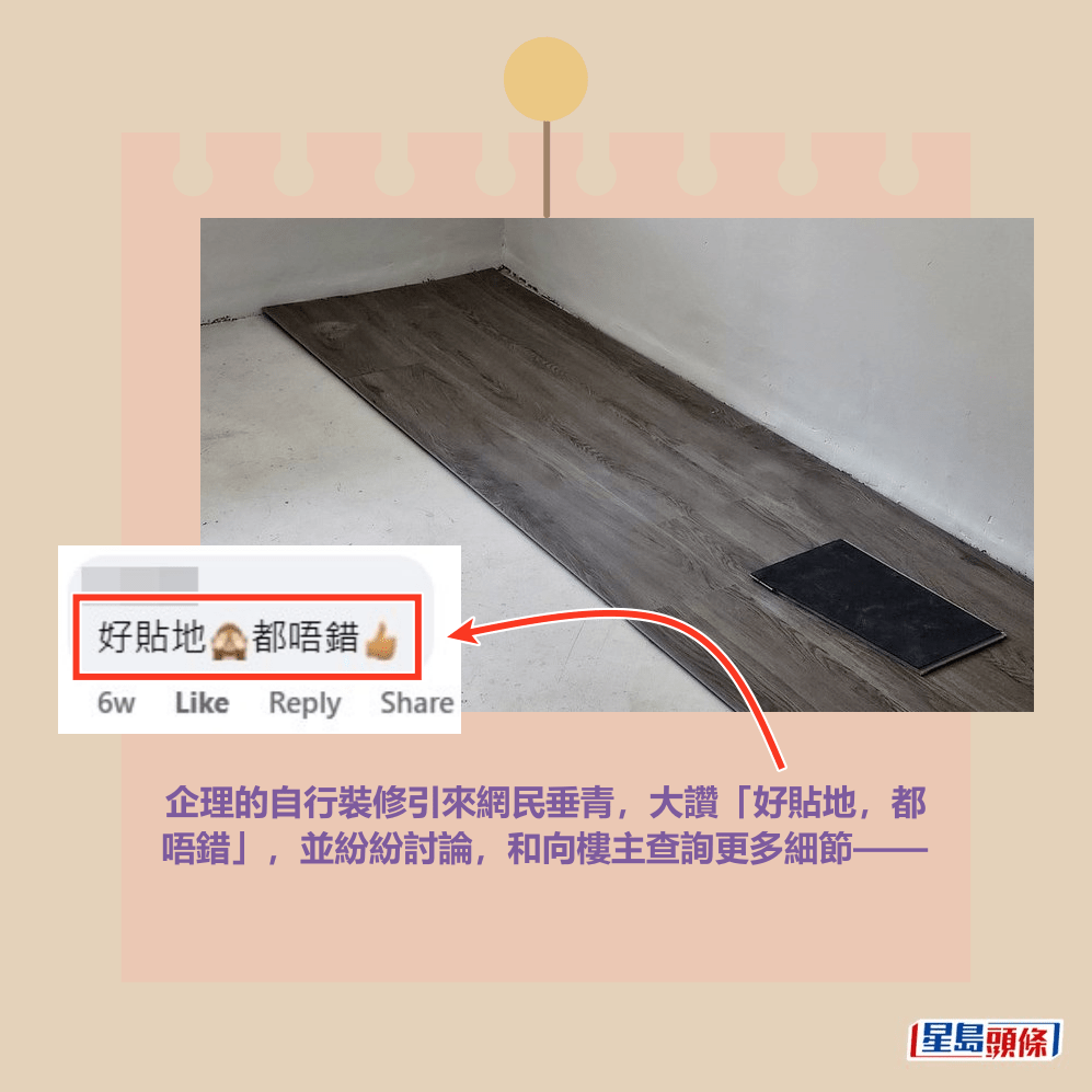 企理的自行裝修引來網民垂青，大讚「好貼地，都 唔錯」，並紛紛討論，和向樓主查詢更多細節——fb「公屋討論區 - 香港facebook群組」截圖