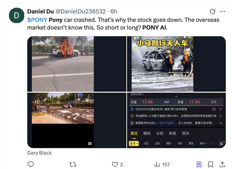 有網民指車禍令小馬智行股價下跌。 有網民指車禍令小馬智行股價下跌。