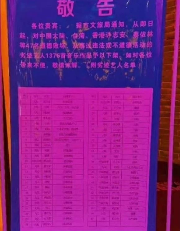 網傳的封殺名單,但基本上連藝人歌星名字也看不到。