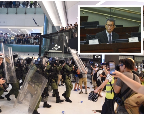 陳茂波(小圖)認為暴力場面打擊香港國際形象。資料圖片
