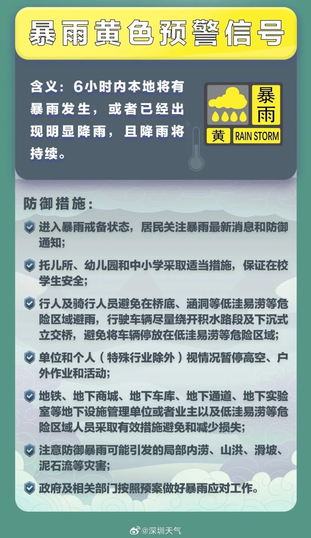 深圳市分區暴雨黃色預警信號。