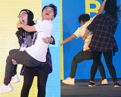 王祖蓝及时双脚著地，好彩冇事。