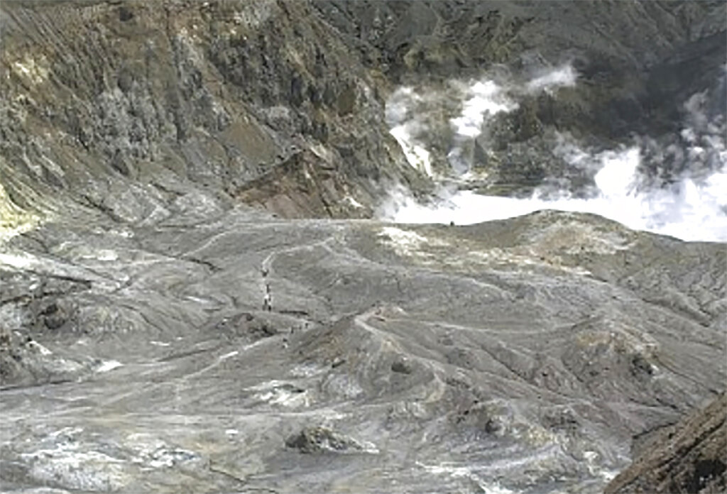 火山爆發時,有遊客在火山口遊覽。AP