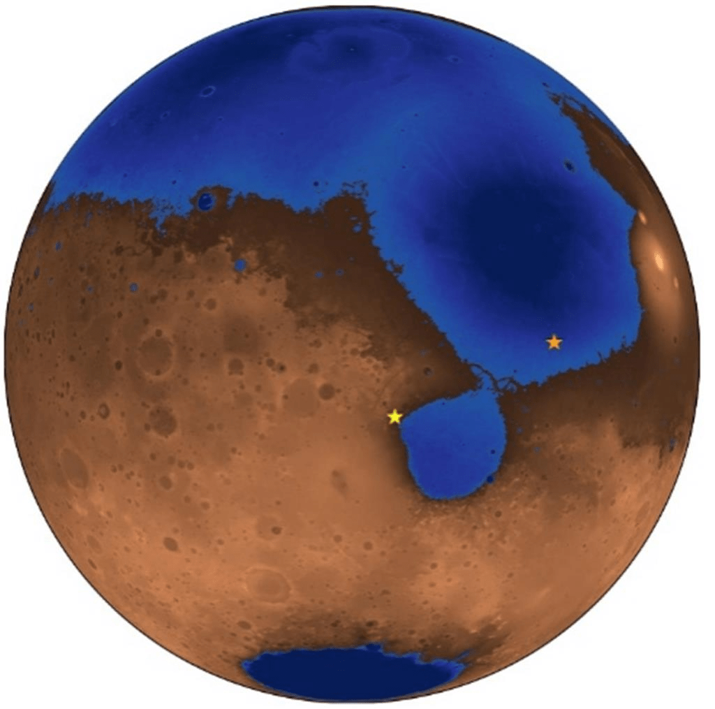 火星36億年前假想圖。藍色區域顯示現已消失的Deuteronilus古海洋和海岸線。橙色星標表示中國祝融號火星車著陸點，黃色星標是NASA毅力號火星車的著陸點。 Robert Citron