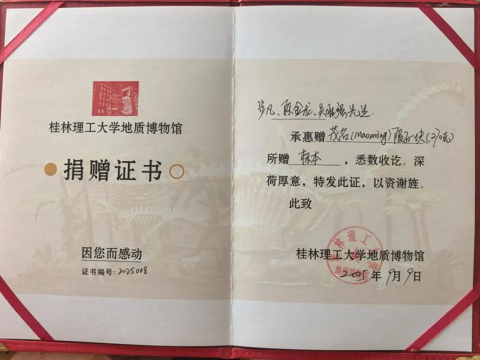 隕石獵人步凡發布捐贈證書，令質疑不攻自破。