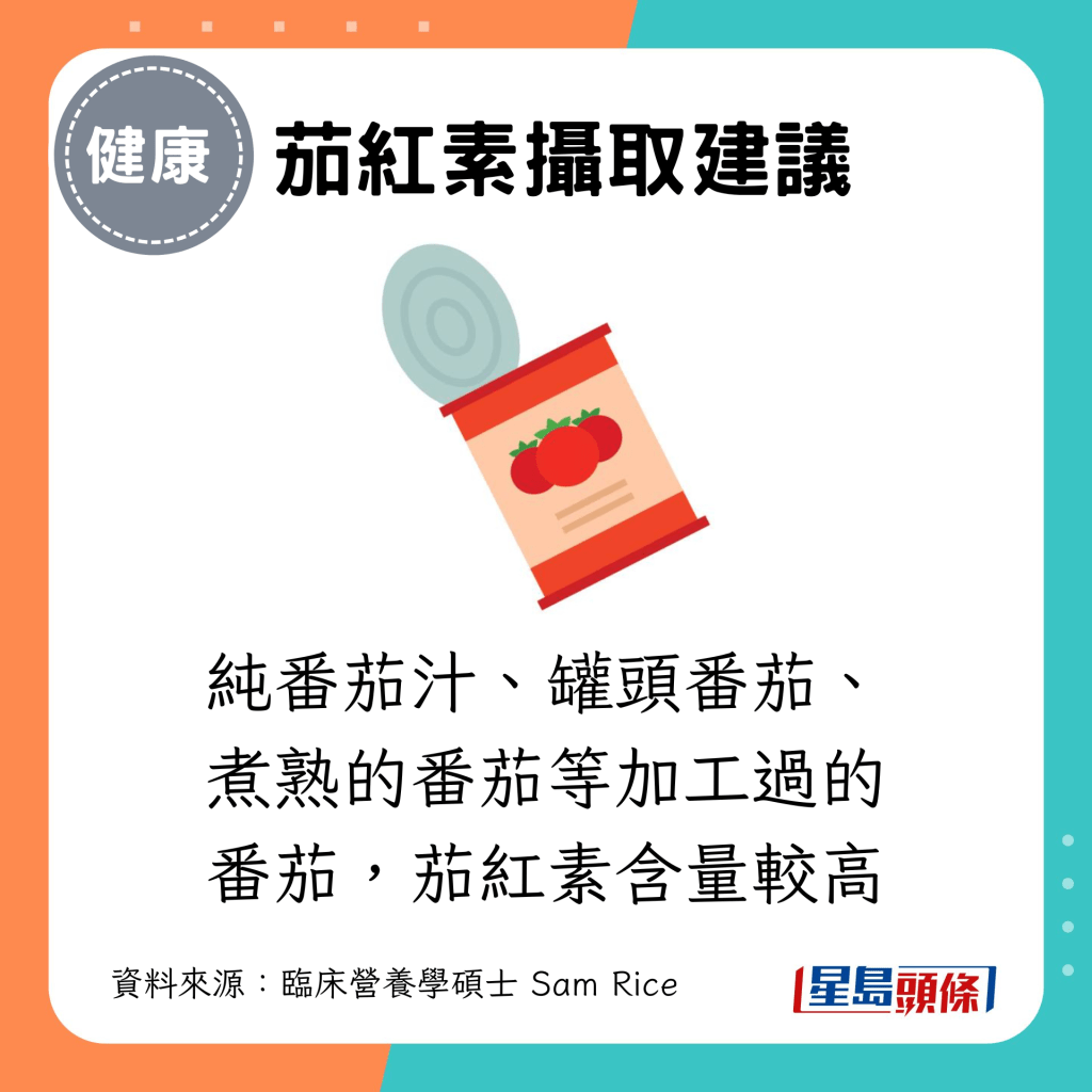 茄紅素攝取建議：純番茄汁、罐頭番茄、煮熟的番茄等加工過的番茄，茄紅素含量較高