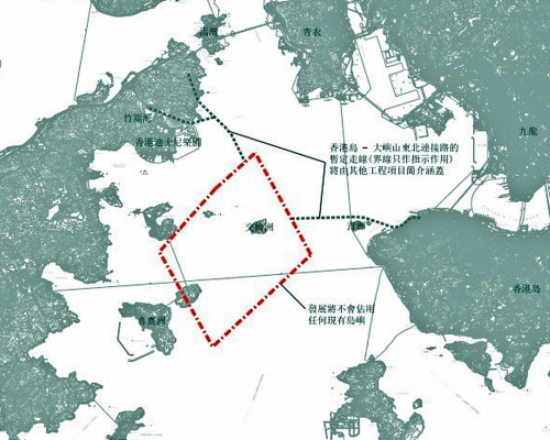 「明日大嶼」環評研究概要提及，人工島暫定總填海面積約1000公頃。