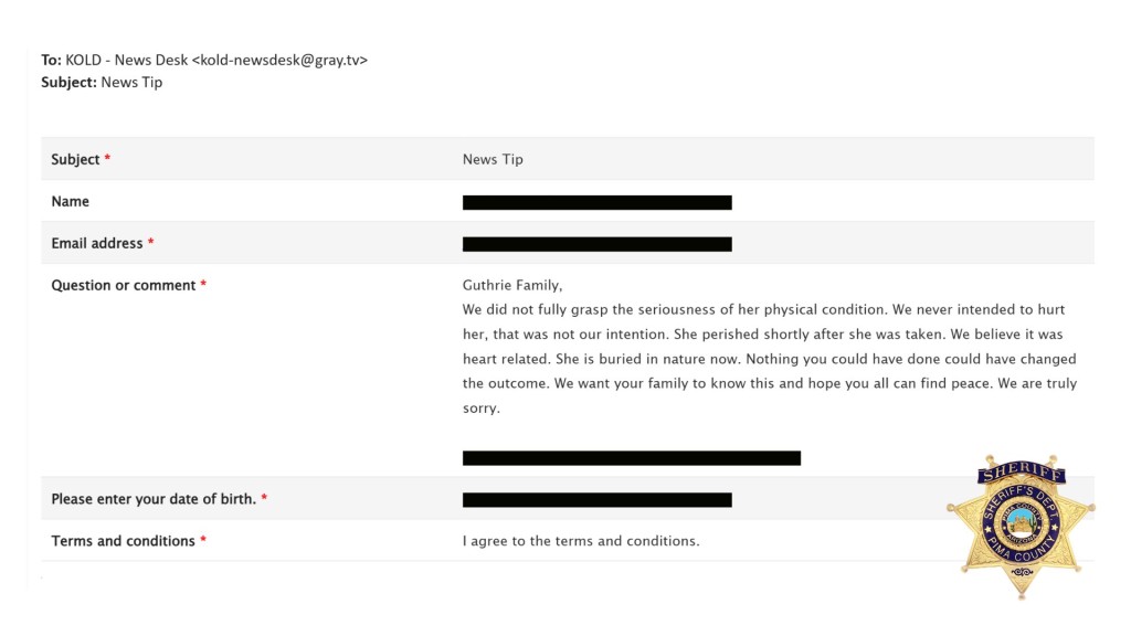 Nancy Guthrie失踪后匪徒发出的勒索信。 皮马县警方