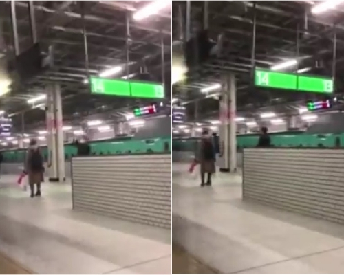 仙台車站的告示牌地震期間大幅搖晃。影片截圖