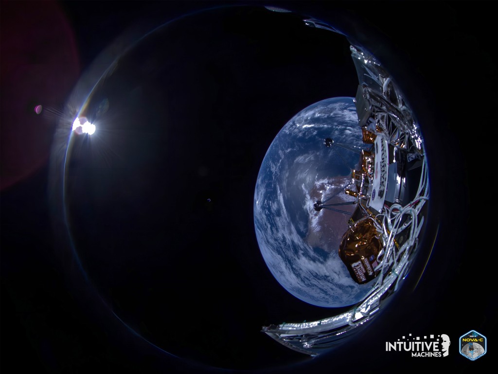 2024年2月16日，奧德修斯號成功火箭二級分離後不久拍攝的首批圖像傳回地球。Intuitive Machines 