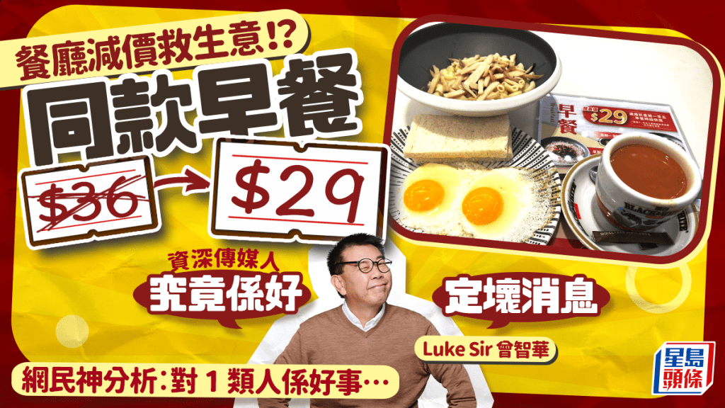 餐廳減價救生意！？同一款早餐由$36減至$29 資深傳媒人曾智華：究竟係好定壞消息