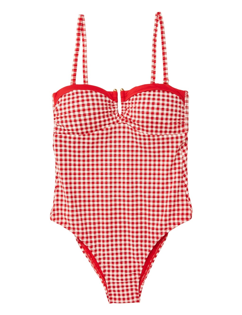紅白色格子一件式泳衣/$549/M,配搭可拆式吊帶,散發復古韻味。