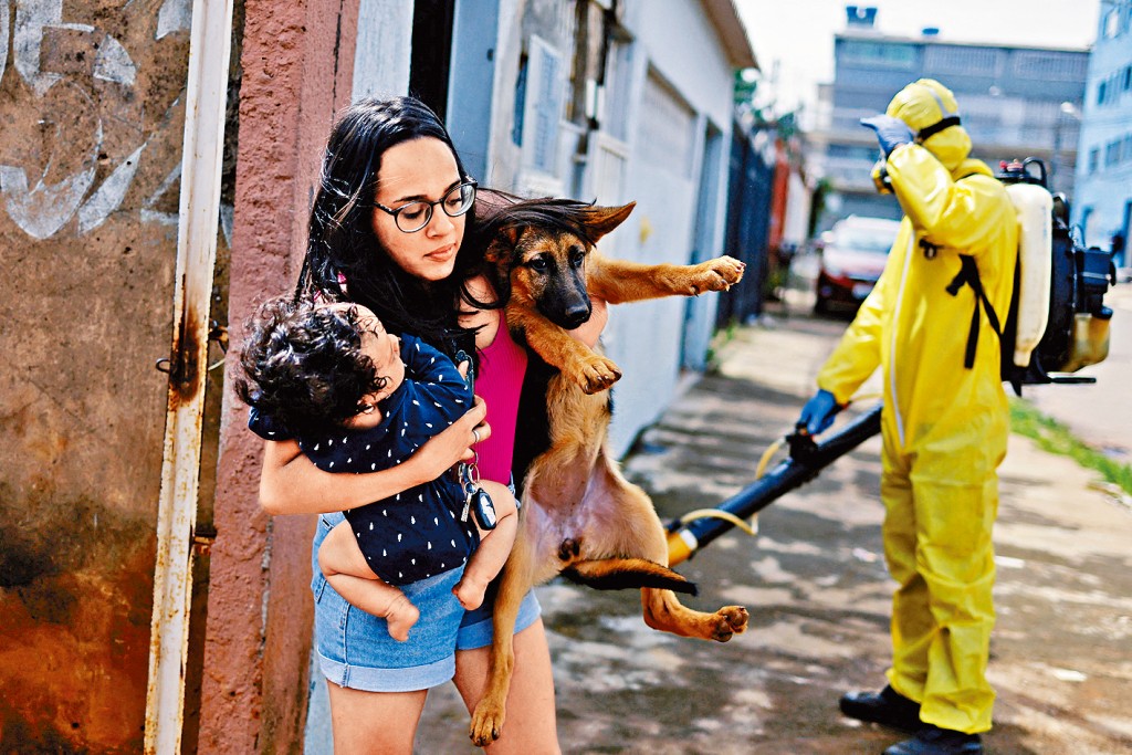 巴西利亚周三喷洒杀虫剂灭蚊，女子带同女婴和狗走避。