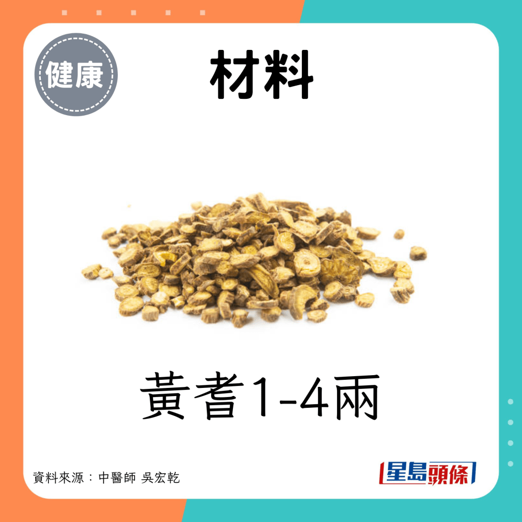 降血壓茶飲｜材料：黃耆1-4兩。