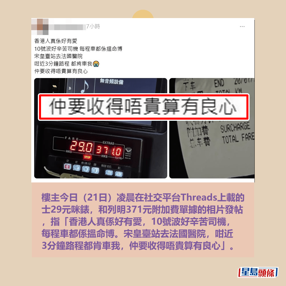 樓主今日(21日)凌晨在社交平台Threads上載的 士29元咪錶,和列明371元附加費單據的相片發帖 ,指「香港人真係好有愛,10號波好辛苦司機, 每程車都係搵命博。宋皇臺站去法國醫院,咁近 3分鐘路程都肯車我,仲要收得唔貴算有良心」。Threads截圖 樓主今日(21日)凌晨在社交平台Threads上載的 士29元咪錶,和列明371元附加費單據的相片發帖 ,指「香港人真係好有愛,10號波好辛苦司機, 每程車都係搵命博。宋皇臺站去法國醫院,咁近 3分鐘路程都肯車我,仲要收得唔貴算有良心」。Threads截圖