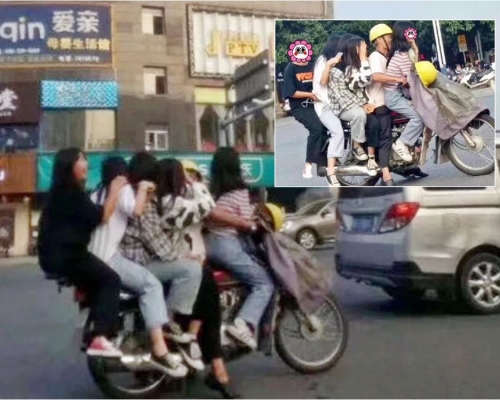 廣東1名男子被拍到,一口氣載着5名女子。網圖