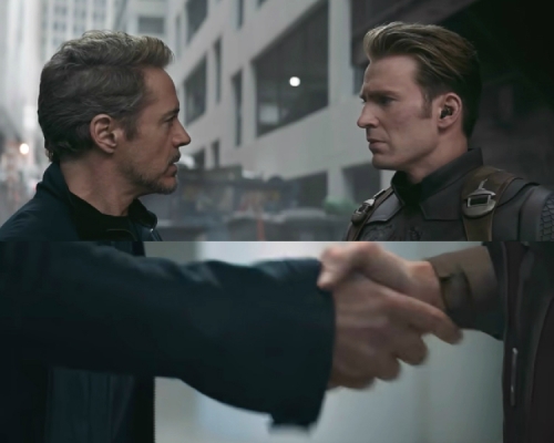 美國隊長Iron Man世紀握手為假象。電影圖片