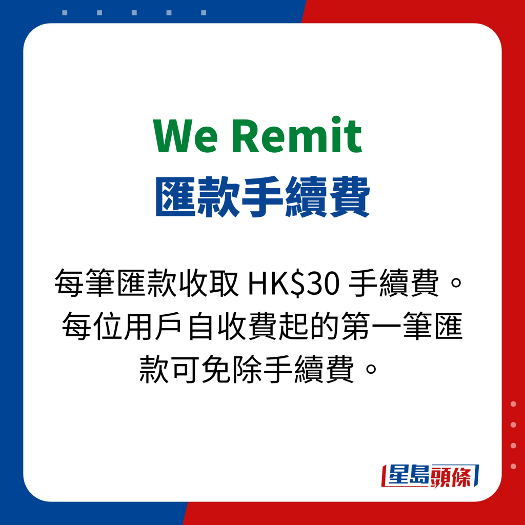 We Remit  匯款手續費，每筆匯款收取 HK$30 。