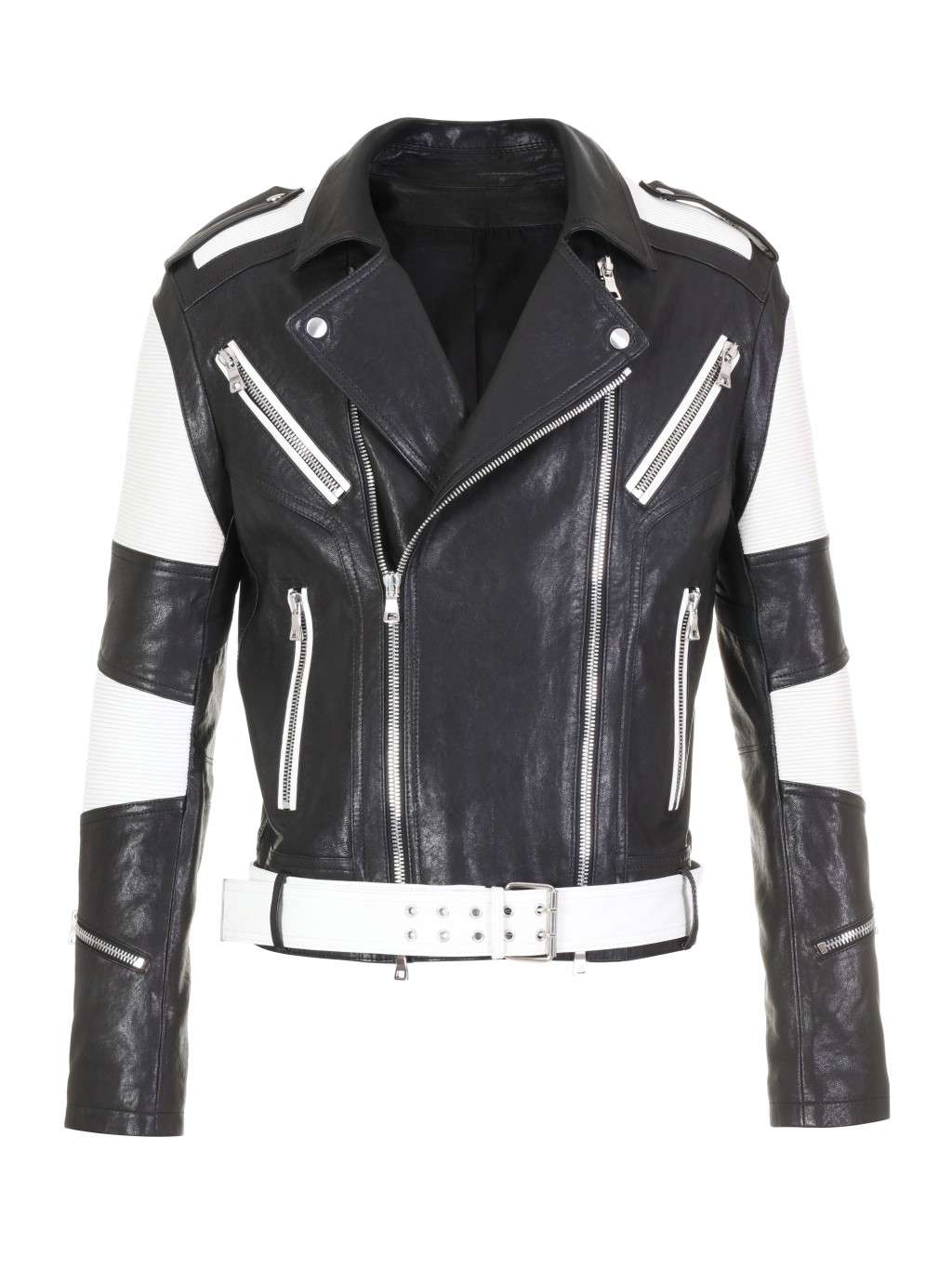 黑白拼接机车真皮皮衣，特价：HK$15,880（4折，原价：HK$39,700）