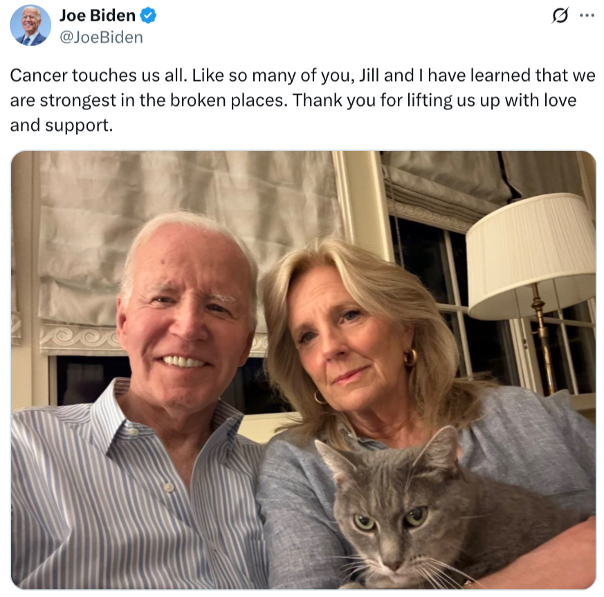拜登患癌消息傳出後,首度親自發文回應。 X@JoeBiden 拜登患癌消息傳出後,首度親自發文回應。 X@JoeBiden