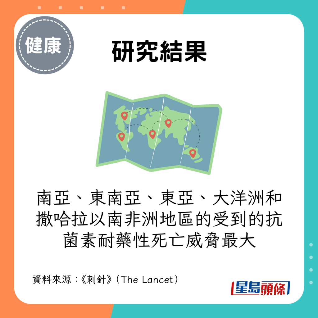 南亞、東南亞、東亞、大洋洲和撒哈拉以南非洲地區的受到的抗菌素耐藥性死亡威脅最大