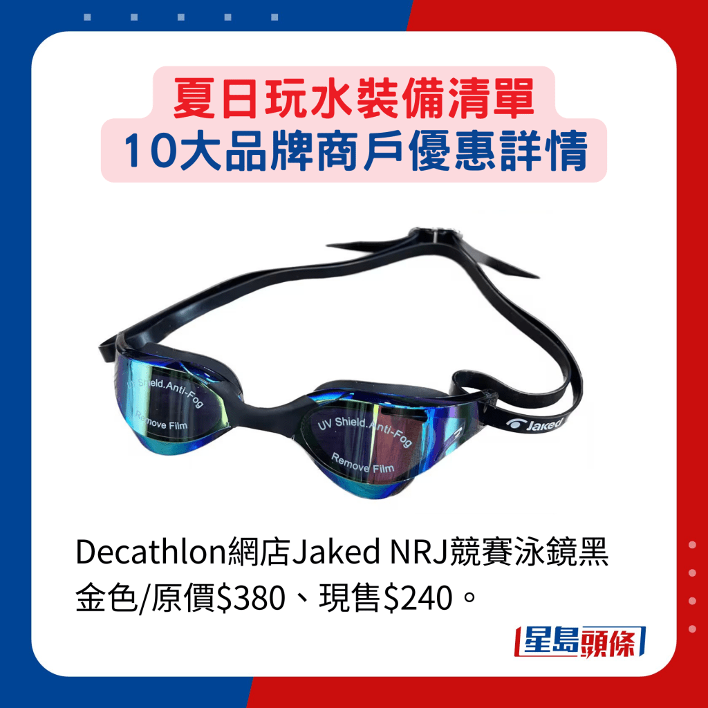 Decathlon網店Jaked NRJ競賽泳鏡黑金色/原價$380、現售$240。