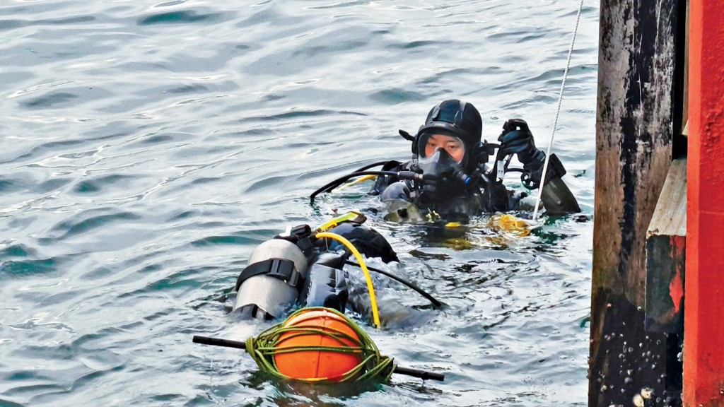 警方特別任務連（飛虎隊）水鬼隊落海搜索涉案的一部手提電話。