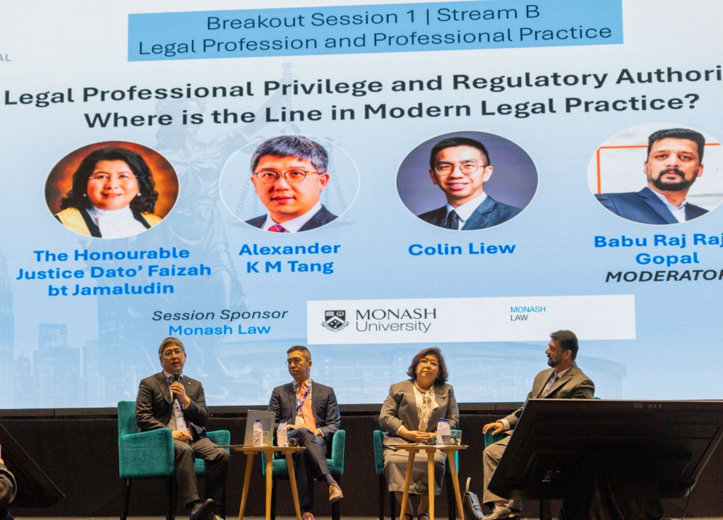 左起：邓建文大律师、新加坡Providence Law Asia LLC律师行董事兼国际诉讼主管廖伟仁（Colin Liew）、马来西亚上诉法庭法官Dato’ Faizah binti Jamaludin及马来西亚律师公会反洗钱委员会联席主席、Kean Chye & Sivalingam律师行合伙人Babu Raj Raja Gopal在分组讨论中担任讲者。