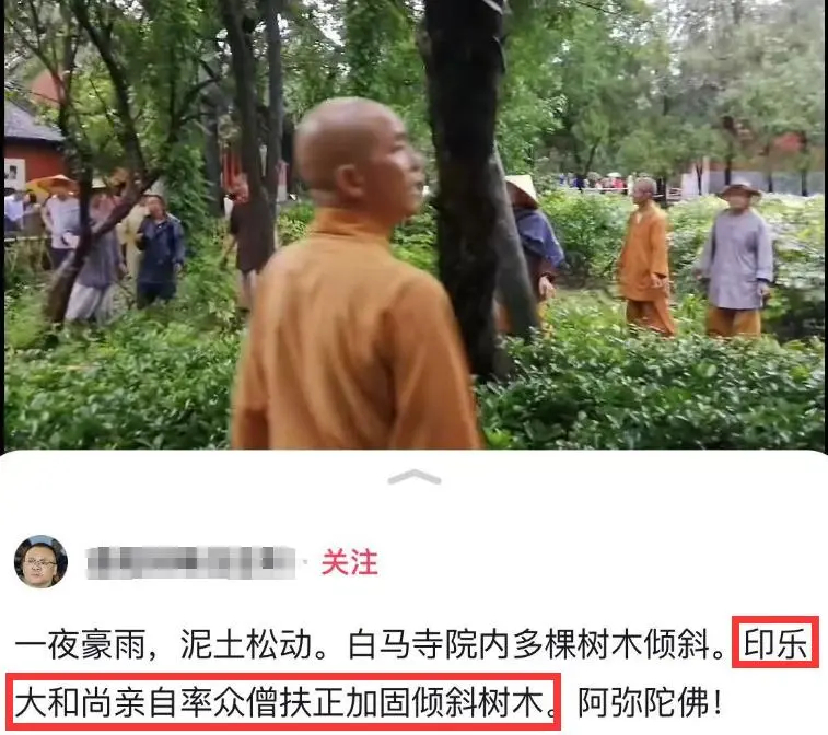 有民眾拍下白馬寺泥土鬆散,印樂大師率眾整固。 有民眾拍下白馬寺泥土鬆散,印樂大師率眾整固。