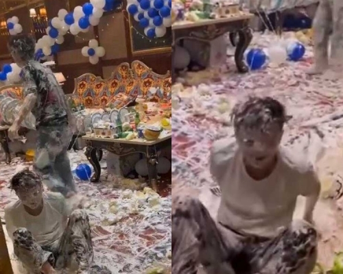 重慶一批青年日前在生日派對中上演「蛋糕大戰」，被網民炮轟浪費食物。網圖