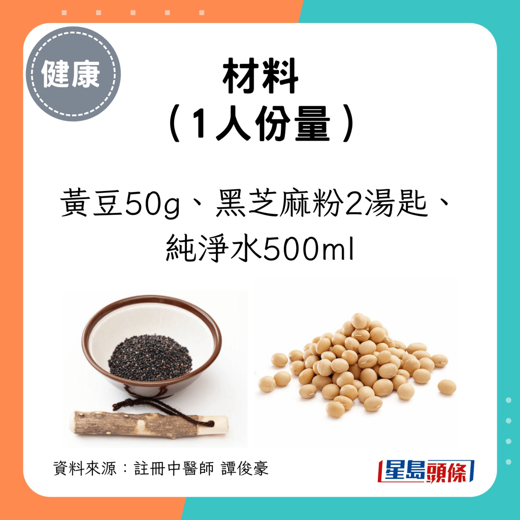 1人份量材料 ：黄豆50g、黑芝麻粉2汤匙、纯净水500ml