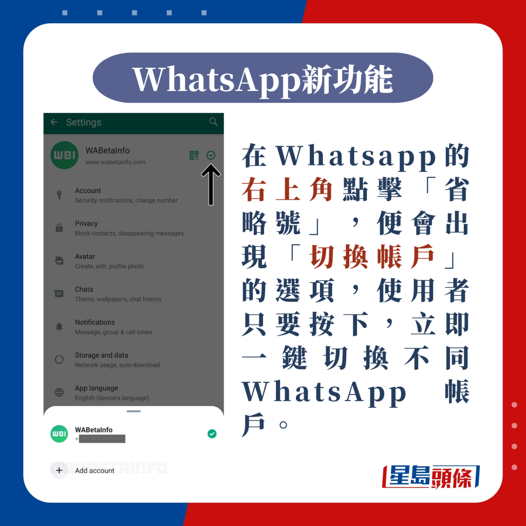 在Whatsapp的右上角点击「省略号」，便会出现「切换帐户」的选项（图片来源：Wabetainfo）