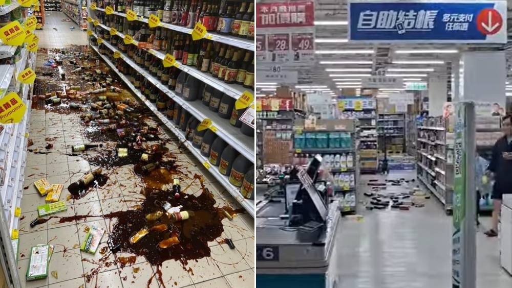 台東6.1級地震，超市商品「骨牌式」倒塌。