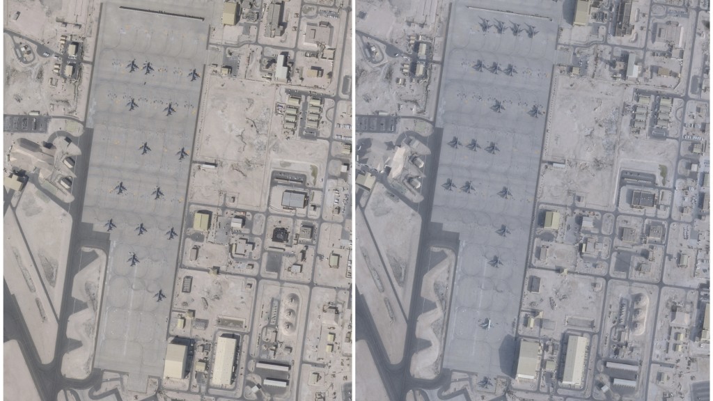 衛星影像組合顯示了2026年1月17日（左）與2月1日（右）烏代德空軍基地的飛機數量。 路透社